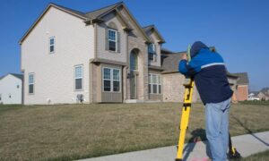 Surveyor measuring a residential property while reviewing the average cost of a land survey for planning purposes