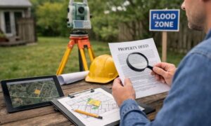 A person reviewing property documents, a plat map, and GIS data at a table with a survey tripod and a house in the background, preparing for a property survey