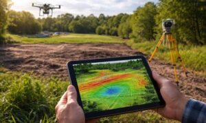 A realistic aerial view of a lot showing elevation changes and slopes using a 3D LiDAR overlay, helping visualize site conditions before building