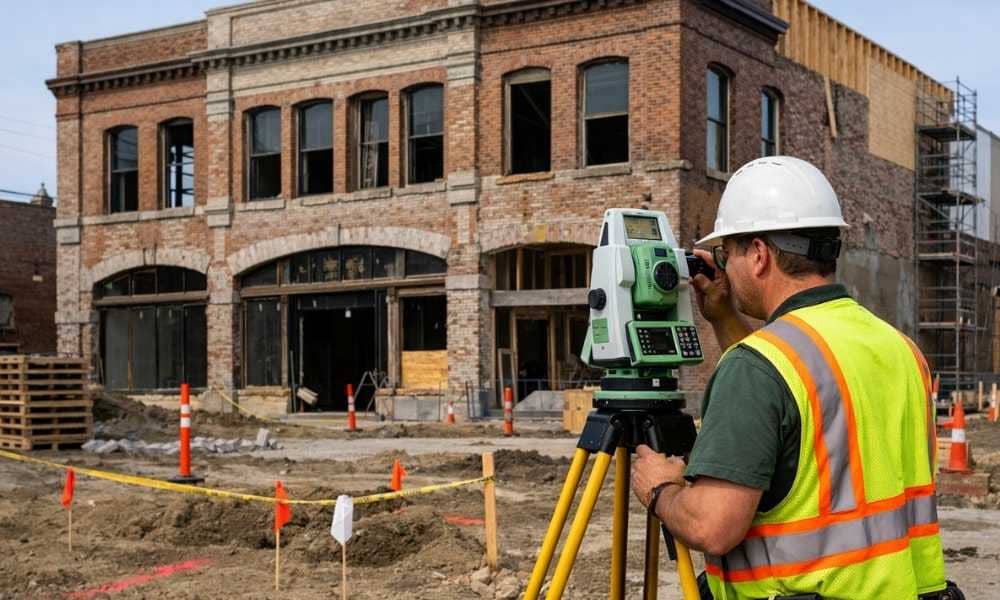 Land surveyor performing an ALTA survey with total station in front of a historic redevelopment building under construction to verify boundaries and site conditions before purchase