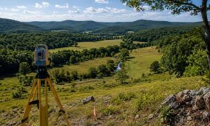 Land surveyor measuring a multi-acre rural property to assess land survey cost factors including wooded terrain and rolling hills