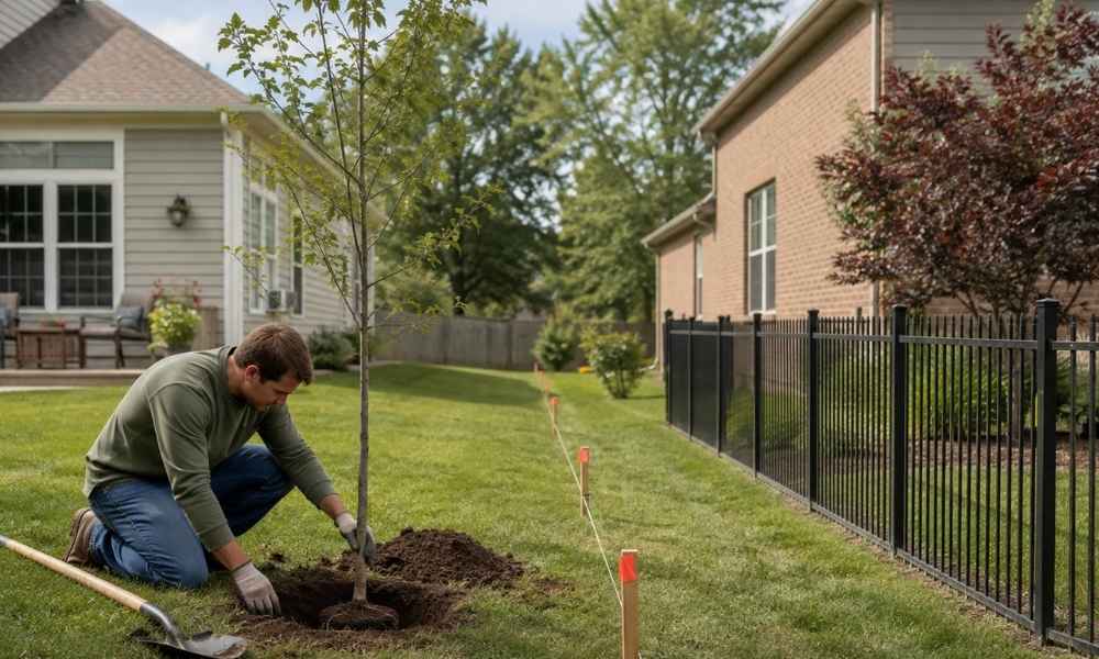 Homeowner learning how to find property lines before planting a tree near a neighbor’s yard in St. Louis
