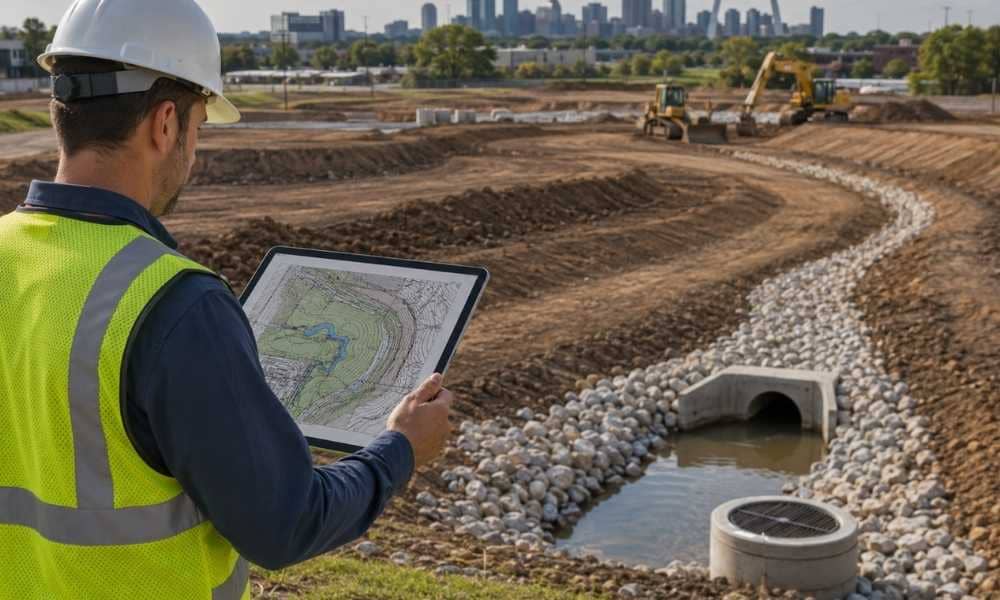 Civil engineer reviewing survey mapping and drainage plans at a development site in St Louis Missouri