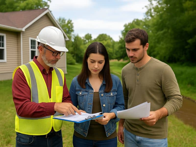 elevation certificate homebuyer - ALTA SURVEY Missouri homebuyer reviewing a flood elevation certificate with a licensed surveyor near a flood-prone property