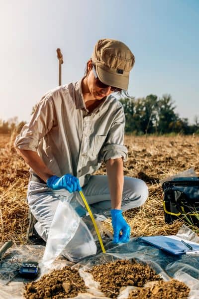 Surveyor conducting a perc test by examining soil samples on vacant land in St. Louis
