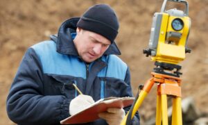 Land surveyor using a total station and reviewing records for an ALTA Land Title Survey