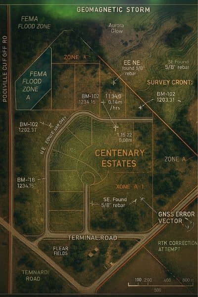 Technical map showing GNSS data interference and field notes from an ALTA Land Title Survey affected by a geomagnetic storm