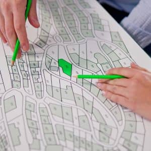 Survey professionals reviewing historic property records and maps, showing how boundary surveys require detailed research