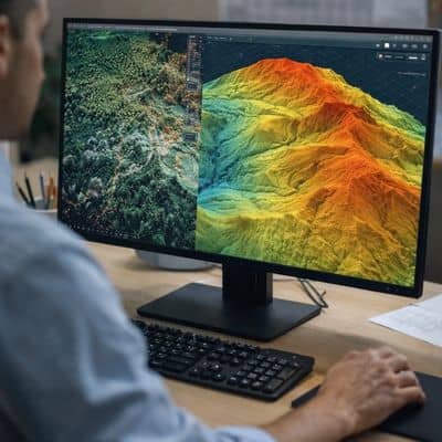 Engineer processing lidar mapping data into a detailed terrain model for site planning