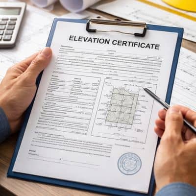 Engineer reviewing property elevation document - ALTA SURVEY Missouri Engineer reviewing paperwork for an elevation certificate during a lender and insurance documentation check