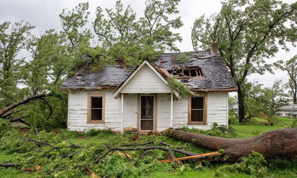 Storm-damaged home with fallen tree after a tornado, highlighting why a cadastral surveyor may be needed to confirm property boundaries