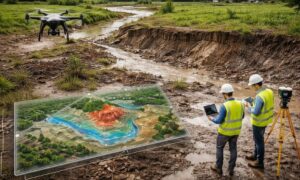 Drone surveying view of residential area showing land changes and water buildup after a storm