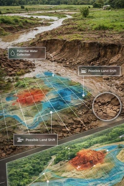 Drone surveying data overlay showing mapped land features and terrain analysis after a storm