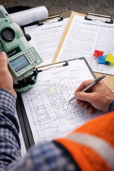 Hands holding a property deed and plat map on a clipboard with a laptop showing GIS data in the background, illustrating preparation for a property survey