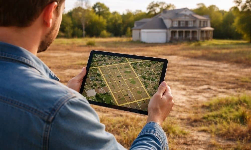 Homebuyer reviewing a parcel map on a laptop while standing on a vacant lot to better understand the property before contacting surveying companies