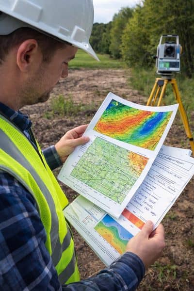 A realistic 3D LiDAR point cloud showing elevation changes, slopes, and contour lines on a property lot, illustrating terrain analysis before building