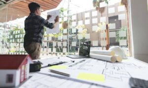 Architect reviewing site plans and drawings in an office while preparing documents for permit approval