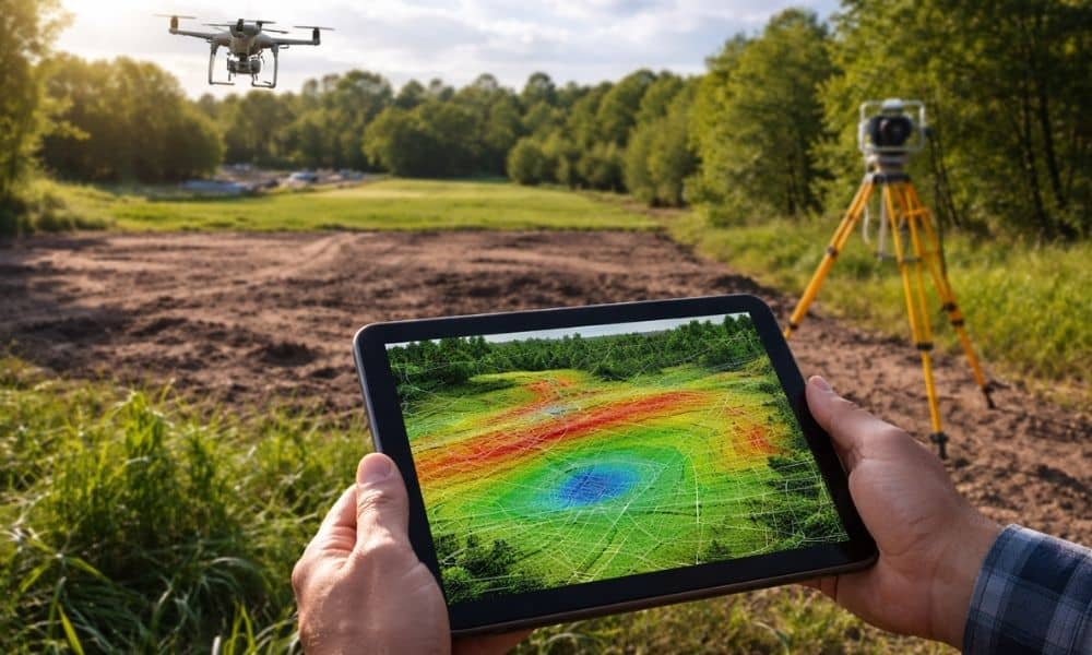 A realistic aerial view of a lot showing elevation changes and slopes using a 3D LiDAR overlay, helping visualize site conditions before building