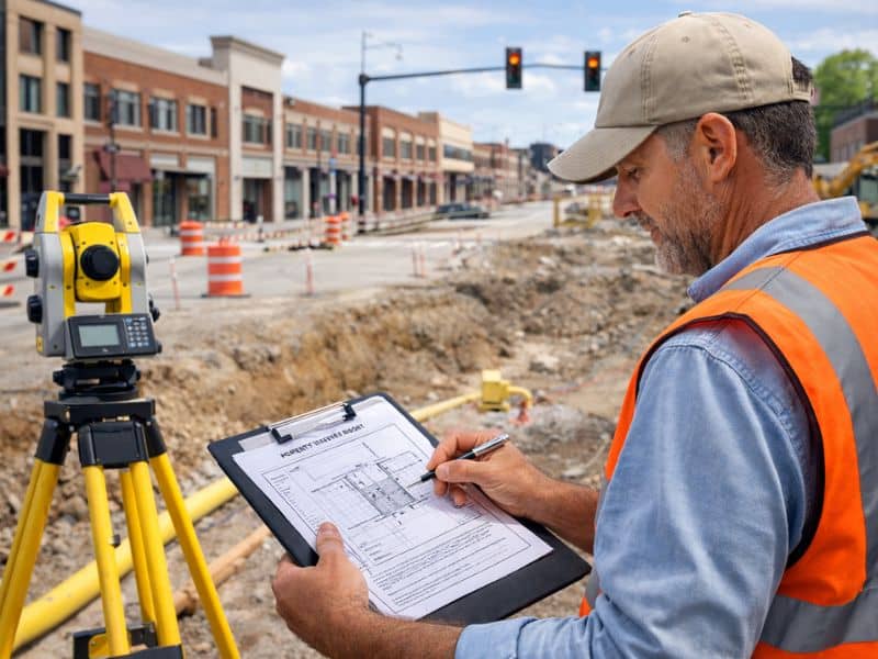 Surveyor working for a land survey company near an active property development area in Kansas, MO