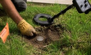 Property line marker being located with a metal detector and hand tools in a residential yard