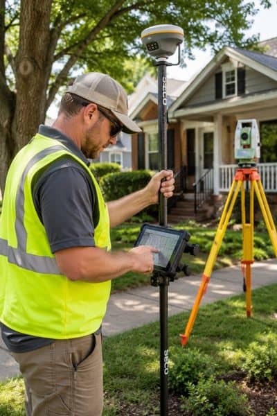Licensed land surveyor using GPS equipment and reviewing property measurements in a residential neighborhood