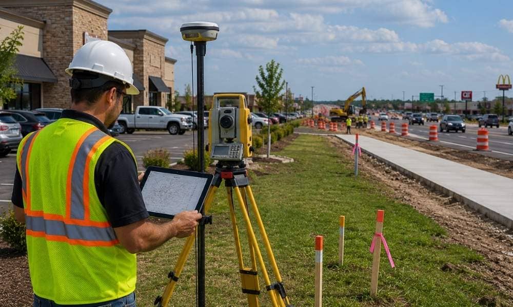 Alta land survey planned road improvements - ALTA SURVEY Missouri Licensed land surveyor performing an ALTA land survey on commercial property near planned road improvements to verify boundaries, easements, and access