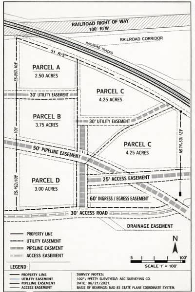 Land surveying easement map freight corridor - ALTA SURVEY Missouri Land surveying map showing easements and property boundaries near a railroad corridor