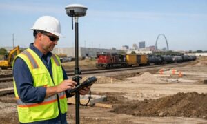 Land surveyor performing land surveying near freight rail lines