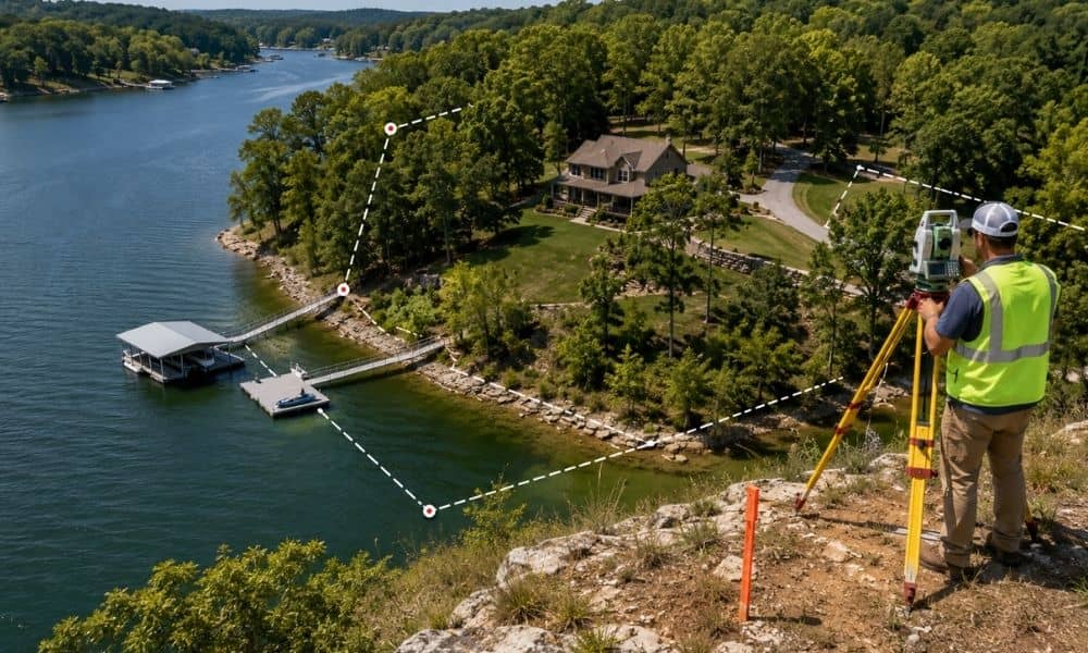 Professional boundary survey of an irregular lake lot showing shoreline measurements, property boundaries, and dock access near the water