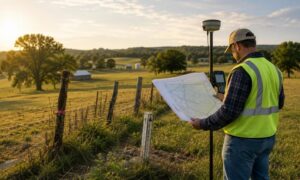 A licensed land surveyor reviews a property map and boundary markers before splitting inherited family property into separate parcels