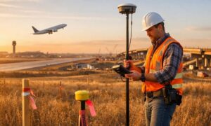 A land surveyor uses GPS equipment to survey a property near an airport runway and highway construction project