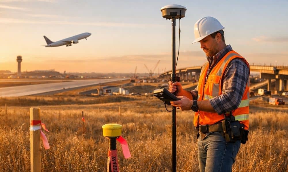 A land surveyor uses GPS equipment to survey a property near an airport runway and highway construction project