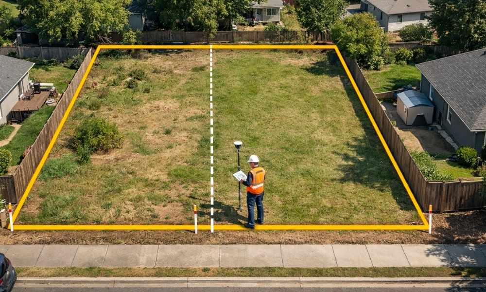 Licensed land surveyor reviewing two adjacent residential lots before preparing a lot consolidation survey for an infill development project