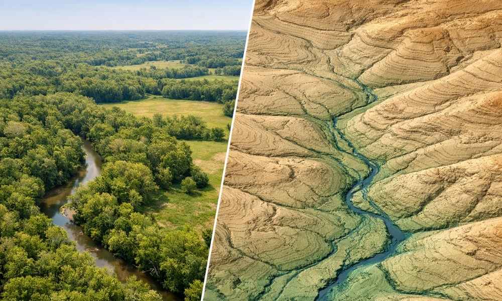 An aerial view of a wooded property beside its LiDAR terrain model, illustrating how LiDAR mapping before floodplain development reveals the land's true elevation, contours, and natural drainage patterns