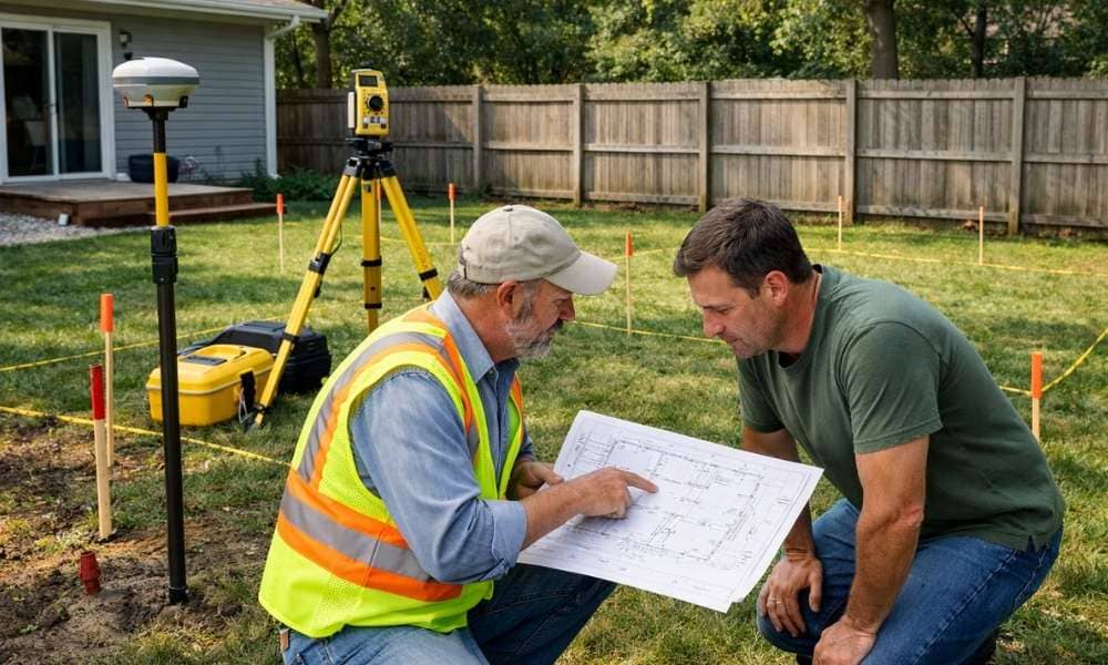 Licensed land surveyor reviewing a plat of survey before planning a detached garage on a residential property