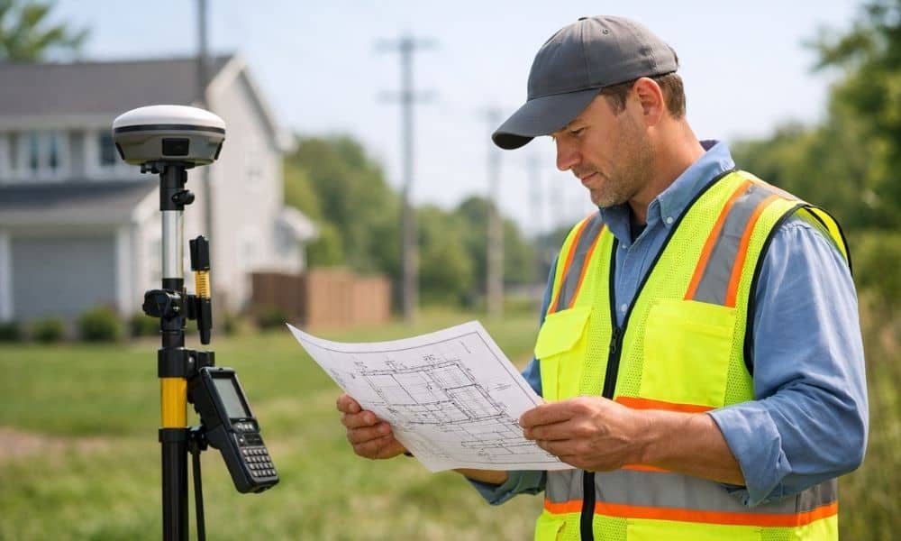 A survey professional from one of the survey companies near me reviews a residential property survey before closing