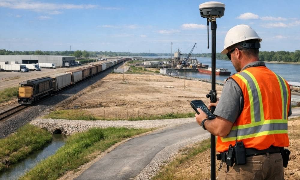 Survey mapping rail truck river access - ALTA SURVEY Missouri Land surveyor using GPS equipment for survey mapping at an industrial site with rail and river access