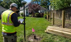 Licensed land surveyor locating a missing residential property corner marker with GPS equipment before installing a new fence