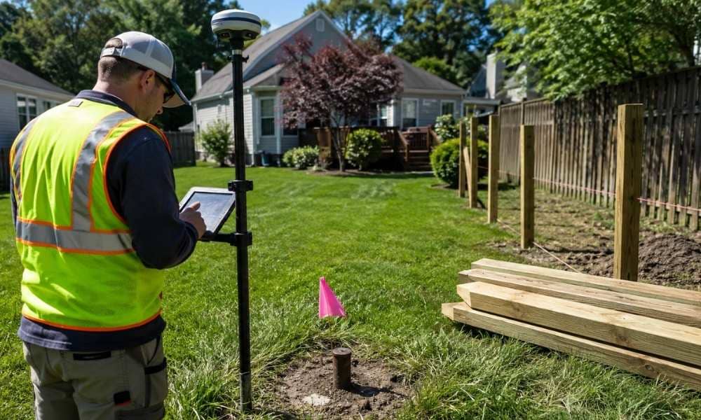 Licensed land surveyor locating a missing residential property corner marker with GPS equipment before installing a new fence