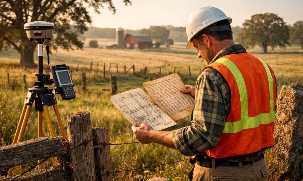 Surveyor reviewing a historic farm deed and plat map to verify rural farm boundary lines