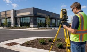 As built survey final inspection kansas city mo - ALTA SURVEY Missouri Surveyor performing an as built survey at a completed commercial building site in Kansas City, Missouri