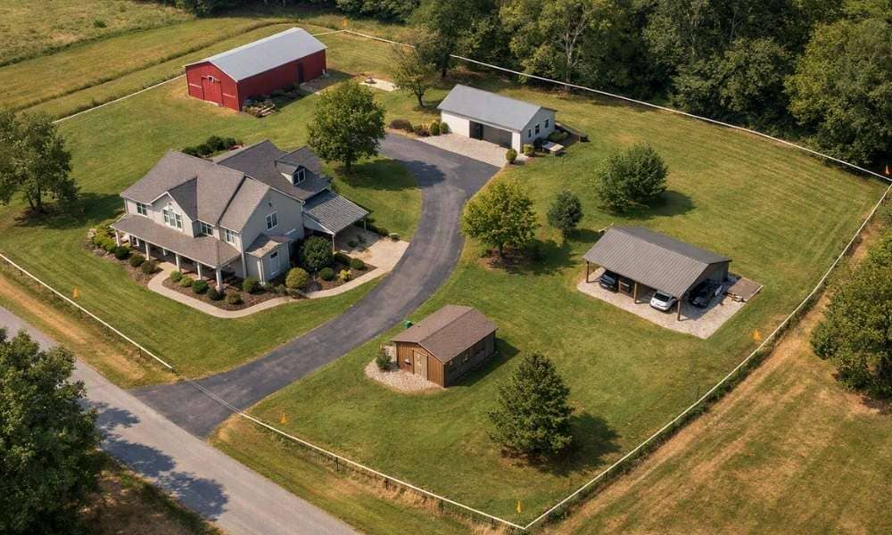 Aerial view showing multiple structures on a Missouri property when considering boundary survey price