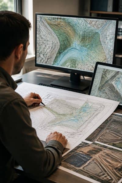 Engineer reviewing drainage survey map st louis - ALTA SURVEY Missouri Civil engineer reviewing a drainage survey map for a development project in St Louis Missouri