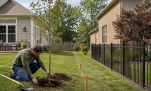 Homeowner learning how to find property lines before planting a tree near a neighbor’s yard in St. Louis
