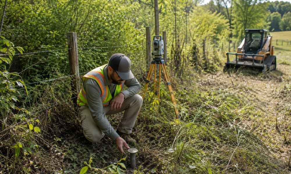 Kansas city find property lines rural land - ALTA SURVEY Missouri Surveyor helping find property lines before clearing brush near Kansas City, Missouri