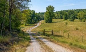 Private gravel road and gate on rural land with fenced property boundaries