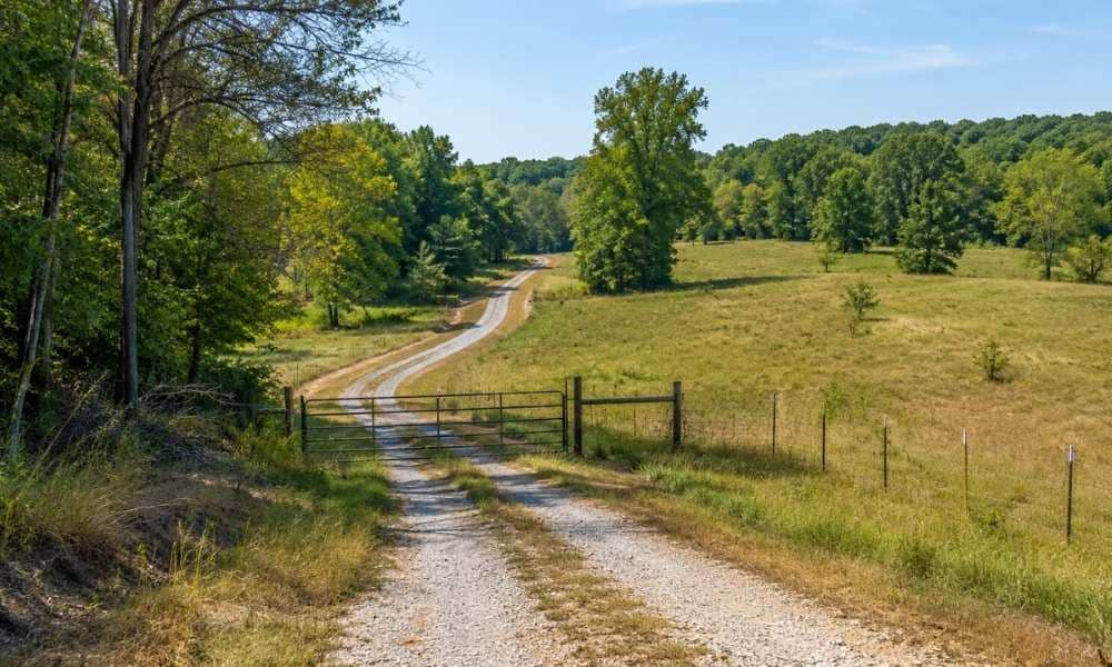 Rural private road access - ALTA SURVEY Missouri Private gravel road and gate on rural land with fenced property boundaries