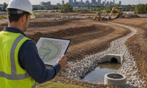 Civil engineer reviewing survey mapping and drainage plans at a development site in St Louis Missouri