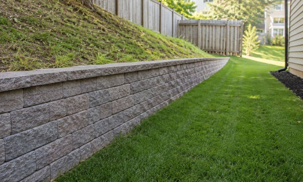 Retaining wall along a residential property line with a sloped yard and privacy fence